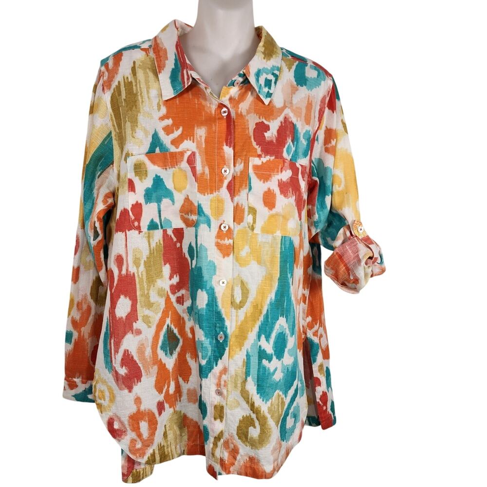 Tizzie Womens Shirt Large Button Coastal Linen Blend Artsy Beachy Roll Tab Color